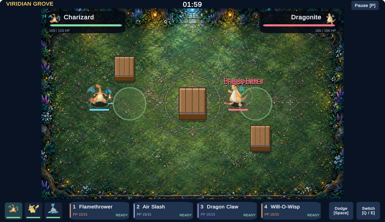 Viridian Grove — actual browser gameplay showing its floor, boundary and cover