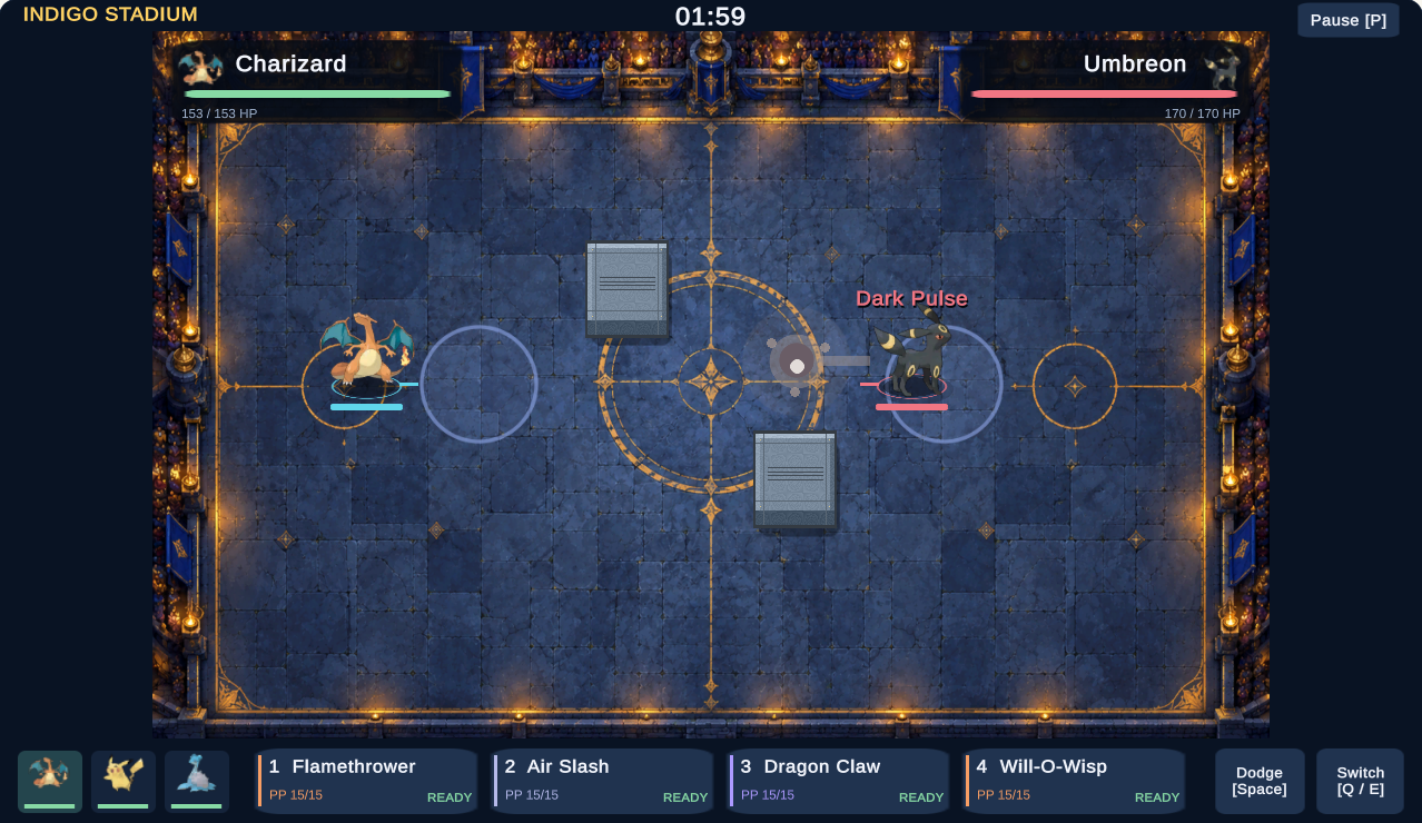 Charizard and Umbreon on the blue stone floor of the newly lit Indigo Stadium